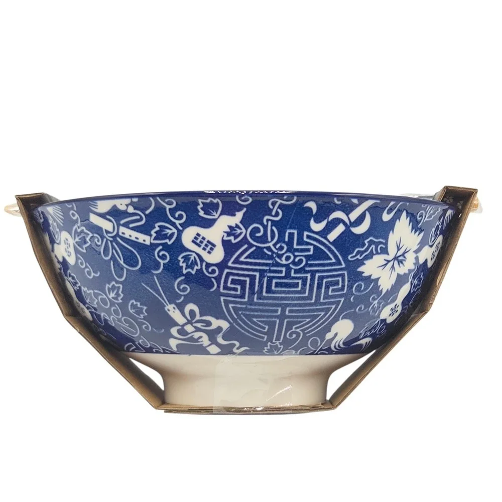 SH Home 42oz Blue Ceramic Ramen Noodle Soup Bowl Chopsticks Spoon Chinese Motifs